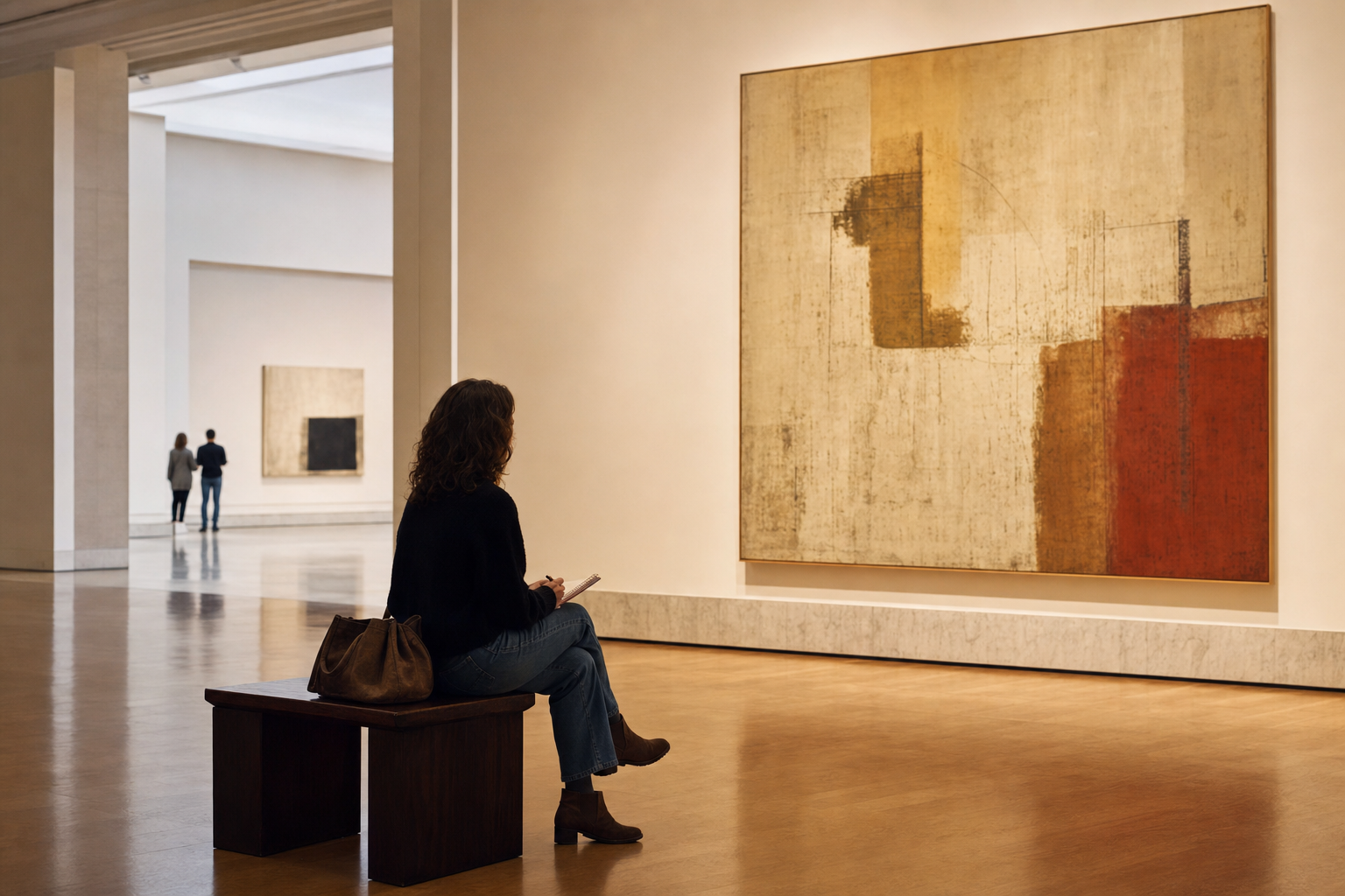 Een museumbezoeker met notitieboek op een bank voor een groot abstract schilderij