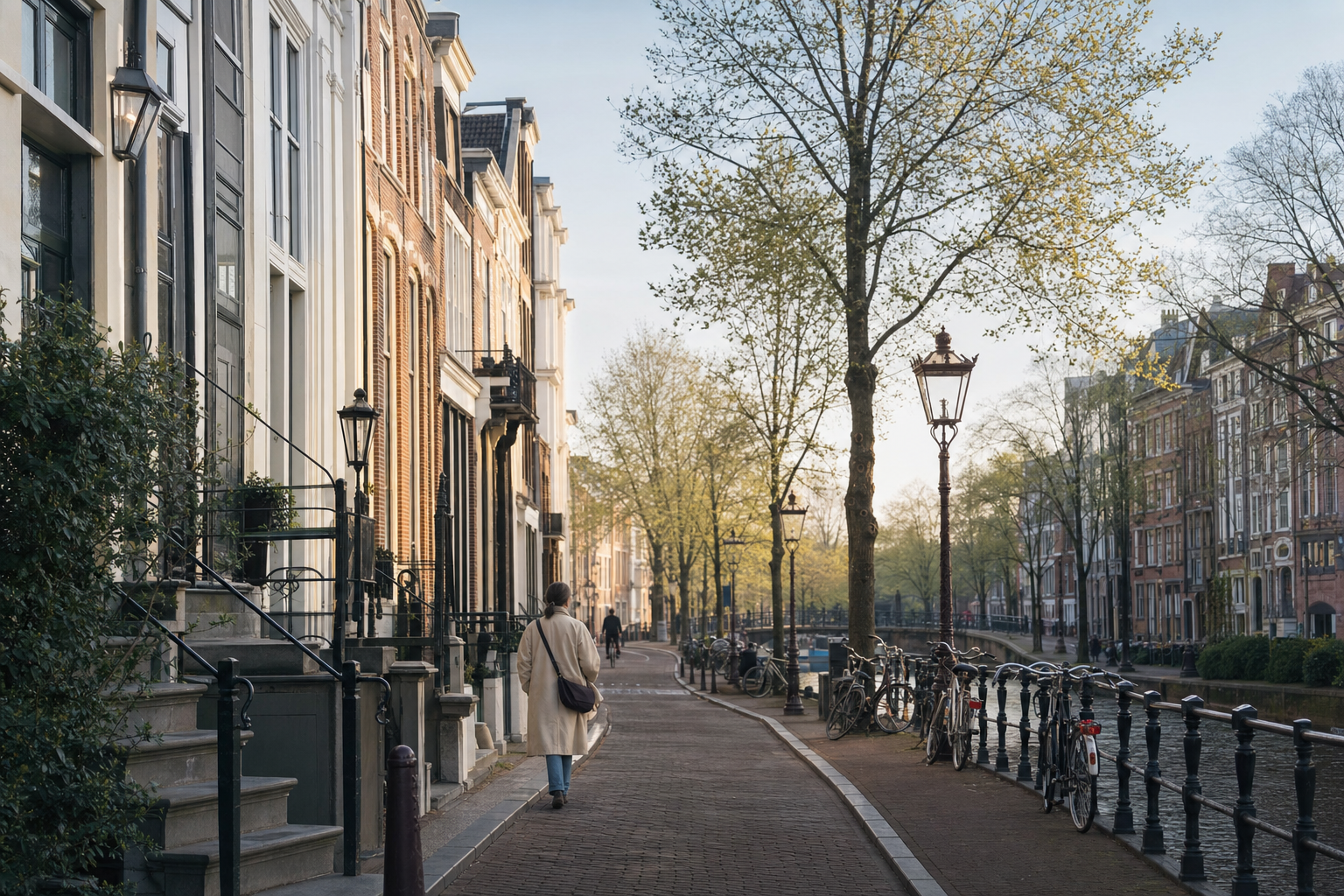 Een wandelaar op een stille straat langs een gracht in het zachte ochtendlicht