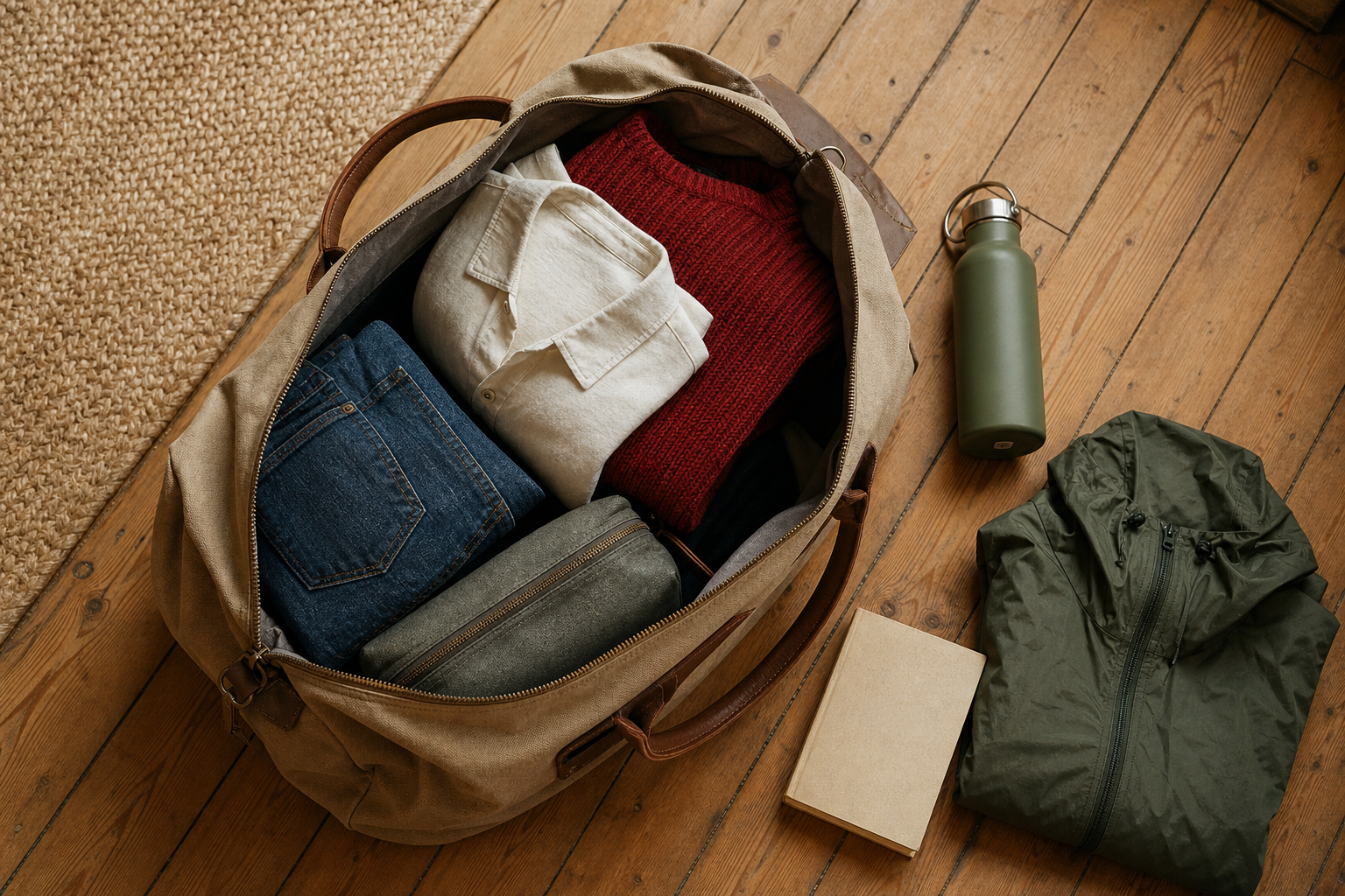 Open weekendtas met opgevouwen kleding, een boek, drinkfles en lichte regenjas